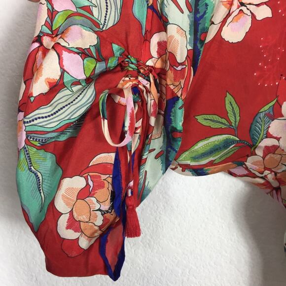 Johnny Was Evy Red Floral 100% Silk Blouse Medium Balloon Sleeve Lightweight - Picture 10 of 14